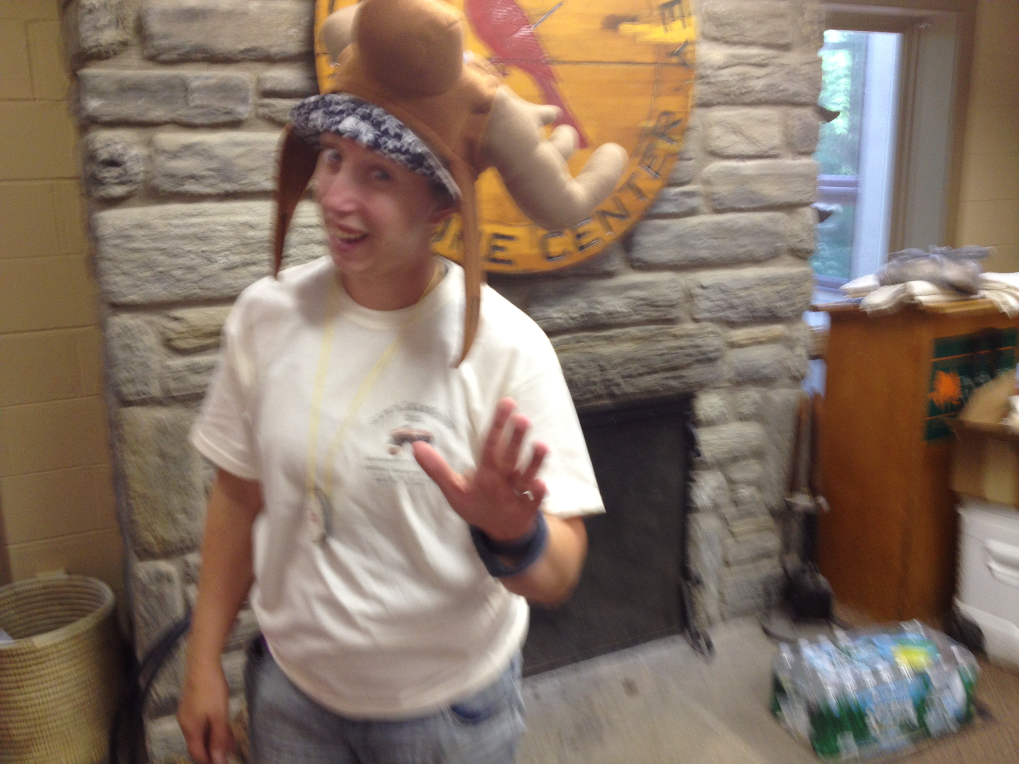 Getting into the spirit of the Employment Steering Committee retreat - Jess in a moose hat