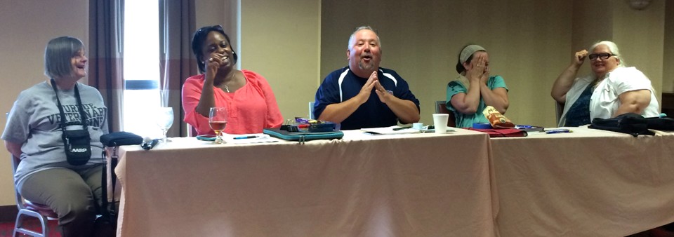 Suzanne, Shauna, Joe, Jess and Diane are sharing a chuckle at a Networks retreat.